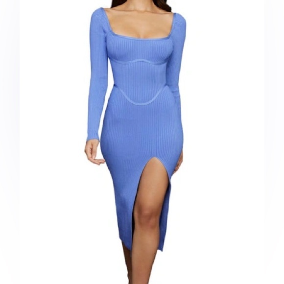 House of CB Mitsy long sleeve periwinkle bandage rib midi dress - Picture 2 of 6